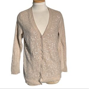 Talbots Sequin Lambswool and Angora Rabbithair Button Down Tan Cardigan Size L